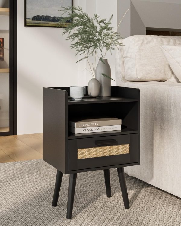 714s9GHzCXL._AC_SL1500 Nightstand,Boho Bedside Table,Black Night Stand with Rattan Decorated Drawers,Bedside Furniture, Wood End Table for Bedroom,Living Room,Natural