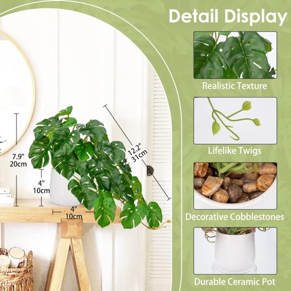 7163CryCr1L._AC_SL1500 Fake Plants Indoor 8 Inch Artificial Monstera Leaves in Ceramic Pot - Faux Potted Tropical Palm Plant for Home Aesthetic Decor Living Room Shelf Office