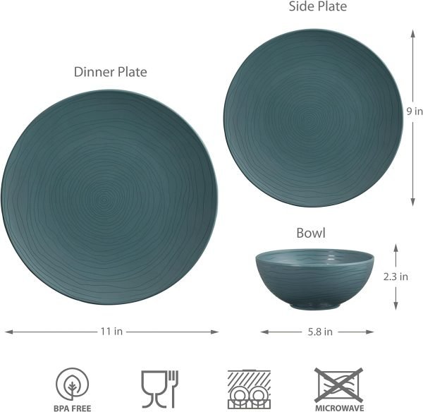 12 Piece Melamine Dinnerware Set - Durable, Dishwasher Safe Plates and Bowls - Casual Dining, Parties, Blue Dish Set Organica Blue Collection