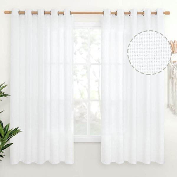 Natural Linen Curtains 63 Inch Length 2 Panels Bronze Grommet Linen Textured Short Window Drapes Light Filtering for Living Room Bedroom, 52 X 63 Inch