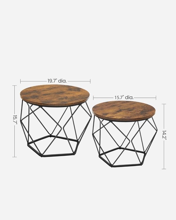 Small Coffee Table Set of 2, Round Coffee Table with Steel Frame, Side End Table for Living Room, Bedroom, Office, Rustic Brown and Black