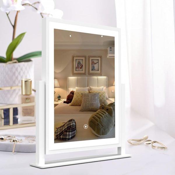 Lighted Vanity Mirror Fashion Makeup Mirror 12in Black for Desktop with Detachable,10x Magnifying,360° Rotation,Adjustable Warm White/Natural/Daylight Dimmable Light Memory,Birthday Gift for Woman