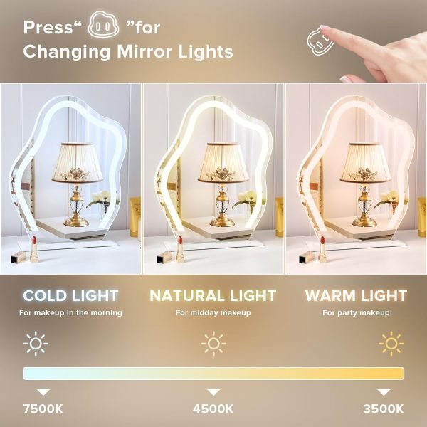 Vanity Mirror with Lights 17.7" X 21.6" Irregular Cute Cloud Lighted Makeup Mirror with Dimmable 3 Light Modes Esthetics Hollywood Mirror for Tabletop Wall-Mounted Bedroom Beauty Salon