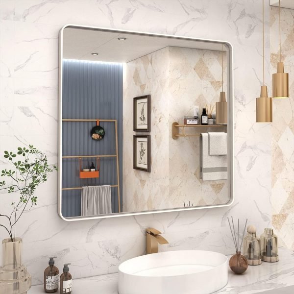 20x30 Silver Bathroom Mirror, Silver Wall Mirror for Vanity, Brushed Metal Framed Rectangle Mirror, Anti-Rust, Brushed Nickel,Shatterproof, Round Corners(Horizontally/Vertically)