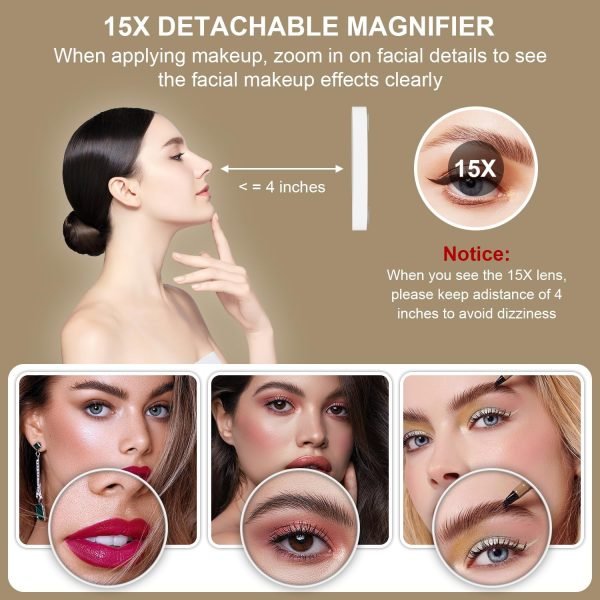 Vanity Mirror with Lights, 15X Magnification 360 Rotation Makeup Mirror with Lights, Hollywood Mirror with Detachable 3 Color Modes, Smart Touch Control and Phone Holder,Pink