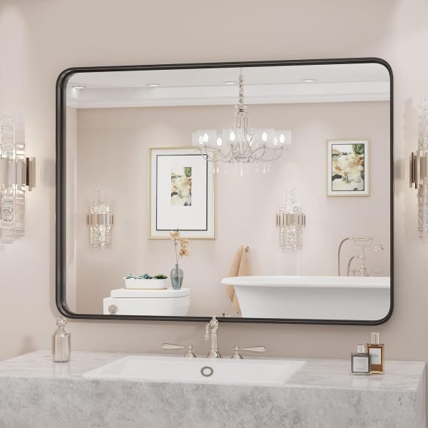 Black Bathroom Mirror Large Rectangle Vanity Framed Mirror for Wall, 30x40 Inch Modern Metal Wall Mirror Farmhouse, Anti-Rust, Tempered Glass, Hangs Horizontally or Vertically