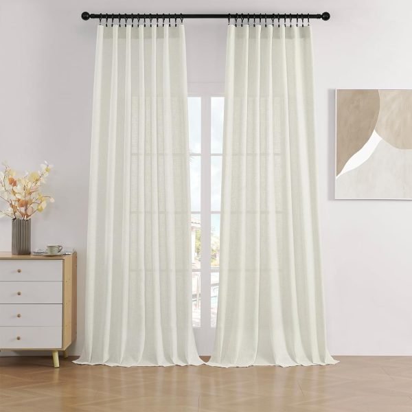 Linen Curtains 2 Panel Set,Light Filtering, Ivory on Linen Curtains 96 Inch Curtains for Living Room, Cream Drapes 96 Inches Long Rod Pocket Back Tab Curtains (96" L x 52" W)
