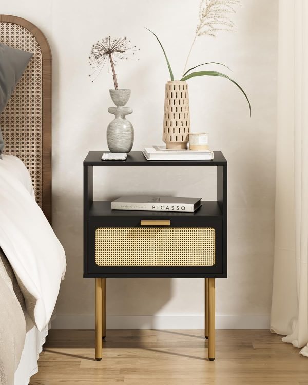 Rattan Nightstand, Drawer Dresser for Bedroom, Small Side Table with Drawer, Bedside Furniture, Night Stand, End Table with Gold Frame for Bedroom, Living Room, White