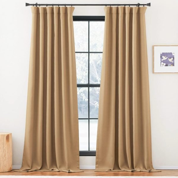 Faux Linen Curtains 90 inches Long for Doorway, Pinch Pleated Thick Room Darkening Window Treatments Noise Reducing Privacy for Living Room/Bedroom, Natural, W34 x L90, 2 Panels