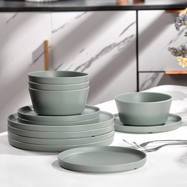 12Pcs Melamine Dinnerware Set, White Dinnerware Set Indoor and Outdoor Use Plates and Bowls Sets For 4 Dishes Camping Dishwasher Safe BPA Free(Sage White)