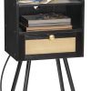 Nightstand with Charging Station, Side Table with Rattan-Like Decor Drawer, Rattan End Table with Open Storage, Bedside Table for Bedroom, Study Room, Black BB92UBZ01