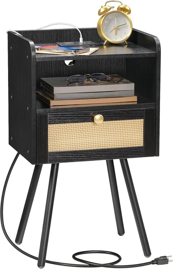 Nightstand with Charging Station, Side Table with Rattan-Like Decor Drawer, Rattan End Table with Open Storage, Bedside Table for Bedroom, Study Room, Black BB92UBZ01