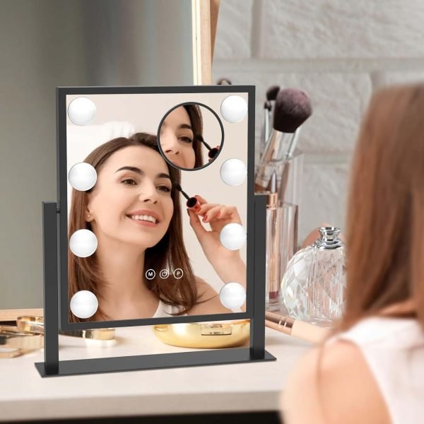 Hollywood Vanity Mirror with Lights 8 Dimmable Bulbs, 3 Color Light, Touch Control, LED Lighted Makeup Mirrors for Dorm, Detachable 10X Magnification Mirror Black