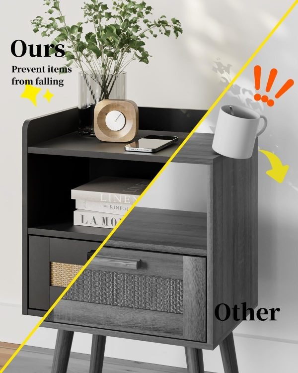 71IBDQKHlTL._AC_SL1500 Nightstand,Boho Bedside Table,Black Night Stand with Rattan Decorated Drawers,Bedside Furniture, Wood End Table for Bedroom,Living Room,Natural