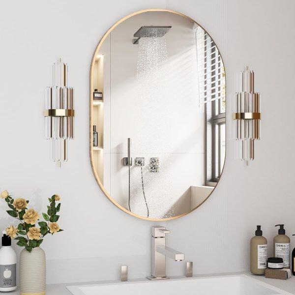 Oval Bathroom Mirror Capsule Wall Vanity Mirror, 20"x30" Pill Mirrors Wall Mounted Mirror, Large Modern Mirror with Gold Metal Frame, Decor for Entryway, Bedroom, Living Room