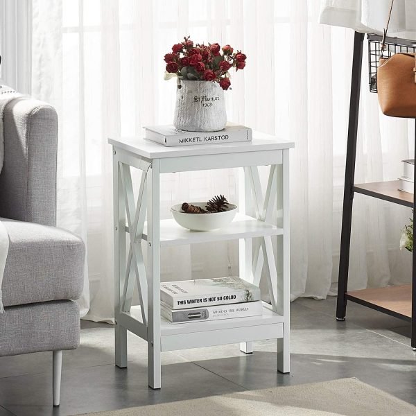 Nightstand Sofa Side Table with 3-Tier Storage Shelf for Living Room, Bedroom, Stable Steel Frame, Easy Assembly, End, White