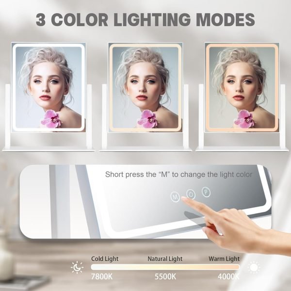 Hollywood Vanity Mirror with Lights, Lighted Vanity Mirror with Detachable 10X Magnification Mirror, 3 Colors, 1200mAh Rechargeable Standing Makeup Mirror with Lights White