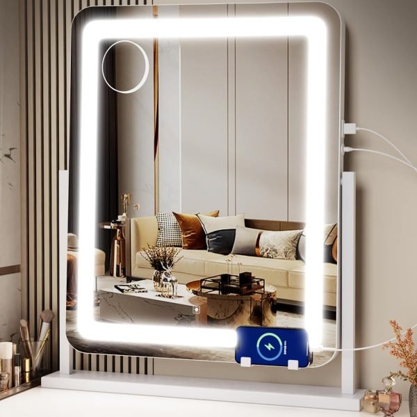 Makeup Vanity Mirror with Lights 15.2" Large LED Lighted Mirror, Hollywood Make Up Mirror with Lighting for Bedroom Tabletop, Smart Touch, Detachable 10X Magnification 360° Rotation, (White)