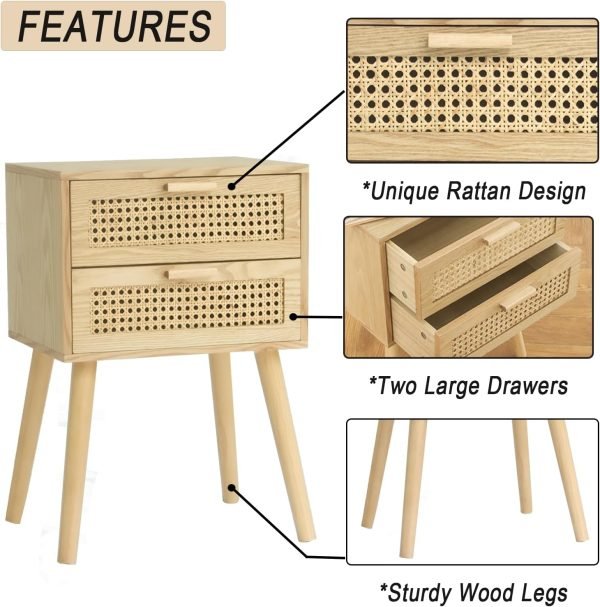 Rattan Nightstand with Storage, Wood Bedside Table with 2 Rattan Drawers, Boho Night Stand Modern End Side Table for Bedroom and Small Space, Natural Walnut