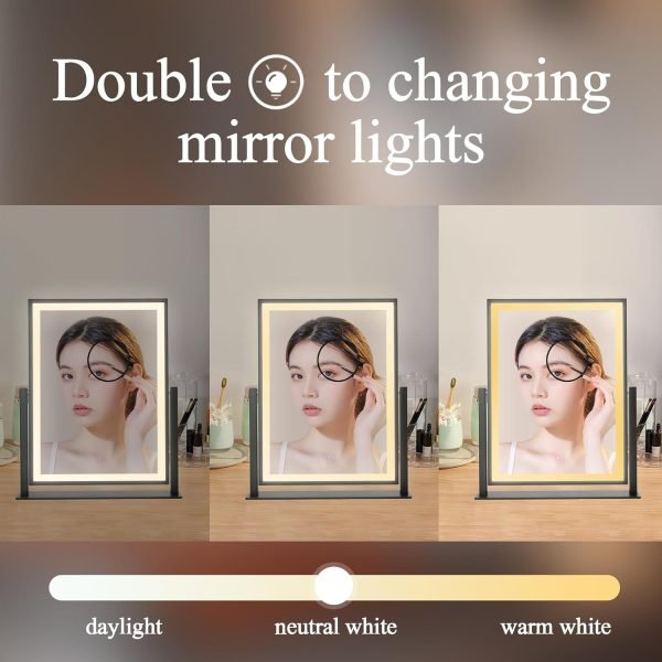 Lighted Vanity Mirror Fashion Makeup Mirror 12in Black for Desktop with Detachable,10x Magnifying,360° Rotation,Adjustable Warm White/Natural/Daylight Dimmable Light Memory,Birthday Gift for Woman