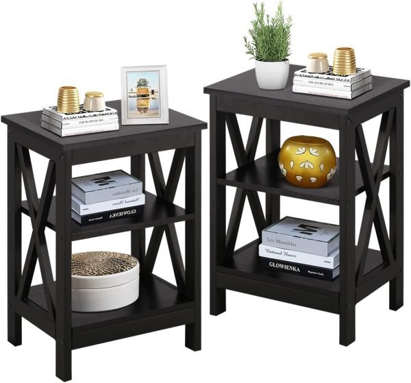 Nightstand Sofa Side Table with 3-Tier Storage Shelf for Living Room, Bedroom, Stable Steel Frame, Easy Assembly, End, White