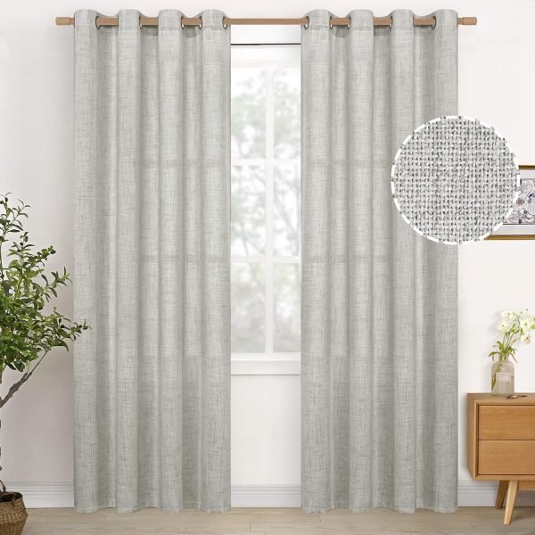Natural Linen Curtains 63 Inch Length 2 Panels Bronze Grommet Linen Textured Short Window Drapes Light Filtering for Living Room Bedroom, 52 X 63 Inch