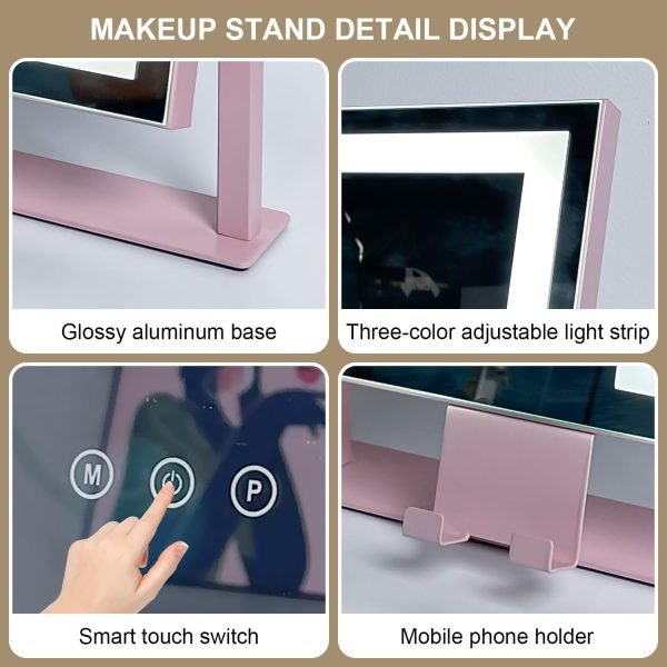 Vanity Mirror with Lights, 15X Magnification 360 Rotation Makeup Mirror with Lights, Hollywood Mirror with Detachable 3 Color Modes, Smart Touch Control and Phone Holder,Pink