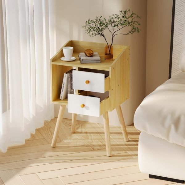 71NSMCg901L._AC_SL1500 Small Nightstand, Bedside Table with 2 Drawers Mid Century Modern Nightstand Natural Wood End Table Side Table for Bedroom