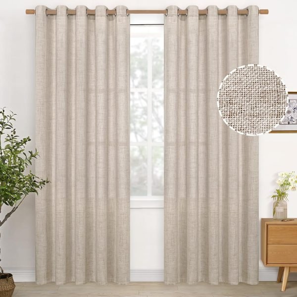 Natural Linen Curtains 63 Inch Length 2 Panels Bronze Grommet Linen Textured Short Window Drapes Light Filtering for Living Room Bedroom, 52 X 63 Inch
