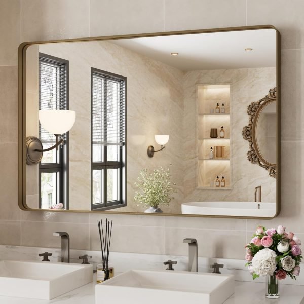 71O9n81nQVL._AC_SL1500 22x30 Inch Bronze Bathroom Mirror for Vanity, Brushed Bronze Metal Frame Mirror for Wall, Rounded Rectangle Bronze Frame Mirror with Tempered Glass, Anti-Rust (Horizontal/Vertical)