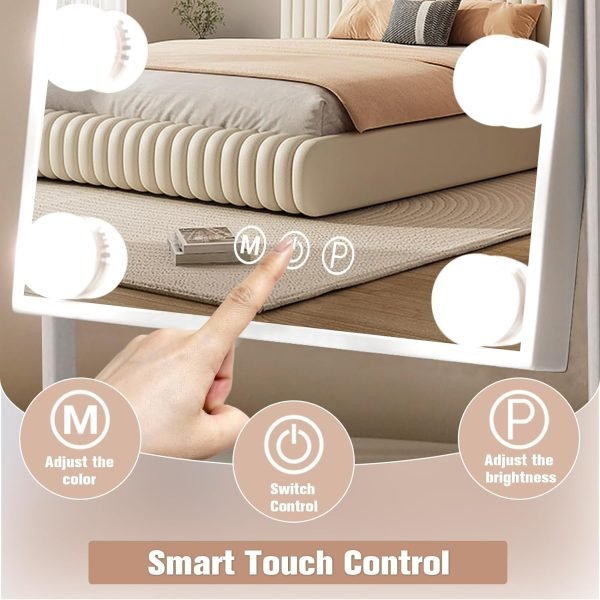 Vanity Mirror with Lights Hollywood Lighted Makeup Mirror with 9 Dimmable Bulbs & 3 Color Lighting Modes, Detachable 10X Magnification Mirror and 360 Degree Rotation(White)