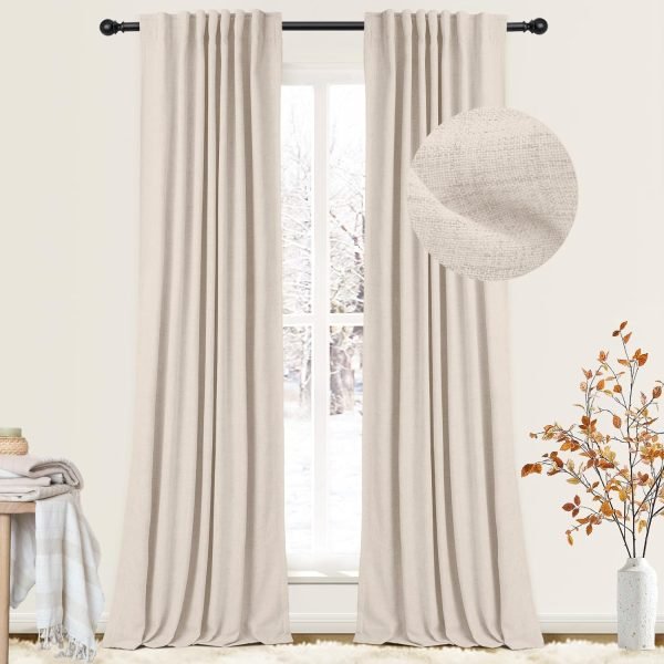 71P2daXfTzL._AC_SL1500 100% Blackout Curtains for Bedroom, Thermal Insulated Linen Blackout Curtains 96 Inch Length 2 Panels Set, Back Tab/Rod Pocket Room Darkening Curtains for Bedroom, Nursery -Oatmeal,W50 X L96