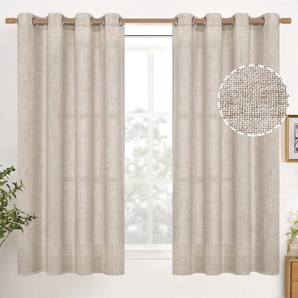 Natural Linen Curtains 63 Inch Length 2 Panels Bronze Grommet Linen Textured Short Window Drapes Light Filtering for Living Room Bedroom, 52 X 63 Inch