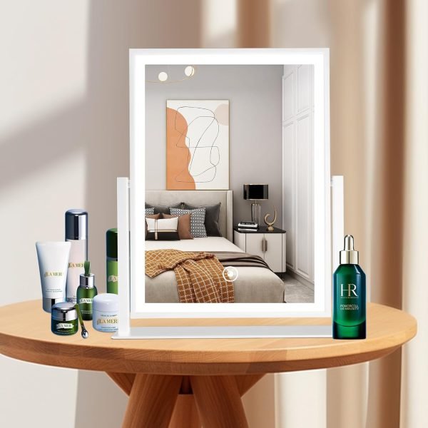 Lighted Vanity Mirror Fashion Makeup Mirror 12in Black for Desktop with Detachable,10x Magnifying,360° Rotation,Adjustable Warm White/Natural/Daylight Dimmable Light Memory,Birthday Gift for Woman