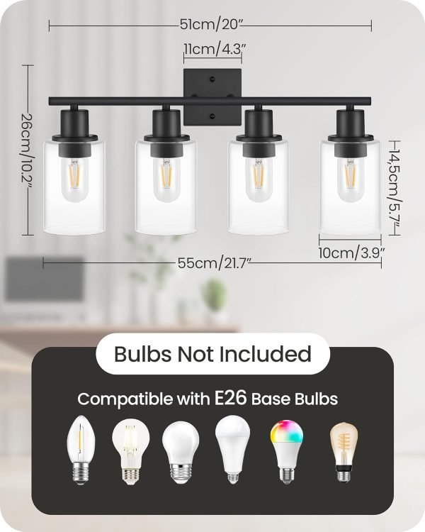 4-Light Black Bathroom Light Fixture, Vanity Light Over Mirror with Clear Glass Shade, Modern Sconce Wall Lighting with Metal Base, for Mirror Bedroom Powder Room Hallway, Black B04BD05