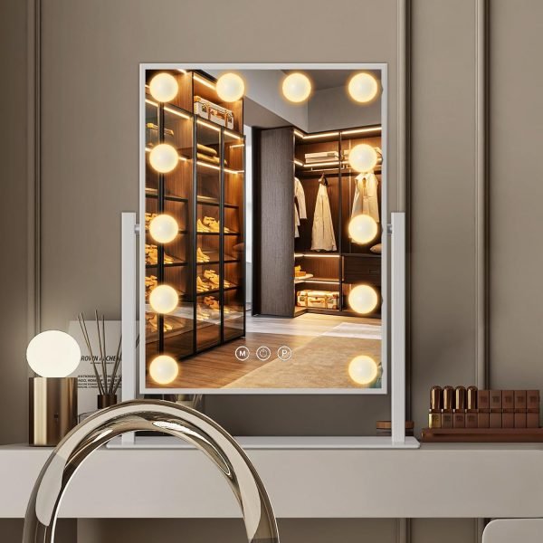 Vanity Mirror with Lights 14" x 19", Lighted Makeup Mirror 12 Dimmable Bulb, Smart Touch Hollywood Vanity Mirror, 3 Color Temperature, White