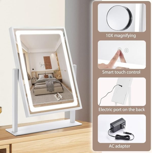 Vanity Mirror with Lights, Hollywood Makeup Mirror with Lights, Touch Control, 3 Color Lighting Modes, Dimmable, Detachable 10X Magnification Mirror, 360° Rotation (16in, White)