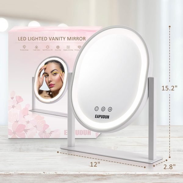 71ScM-yWaQL._AC_SL1500 Oval Vanity Mirror with Lights 3 Colors Modes Hollywood Lighted Makeup Mirror with Smart Touch Control Brightness Adjustable & 360°Rotation