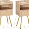 Nightstand with Charging Station, Side Table with Rattan-Like Decor Drawer, Rattan End Table with Open Storage, Bedside Table for Bedroom, Study Room, Black BB92UBZ01