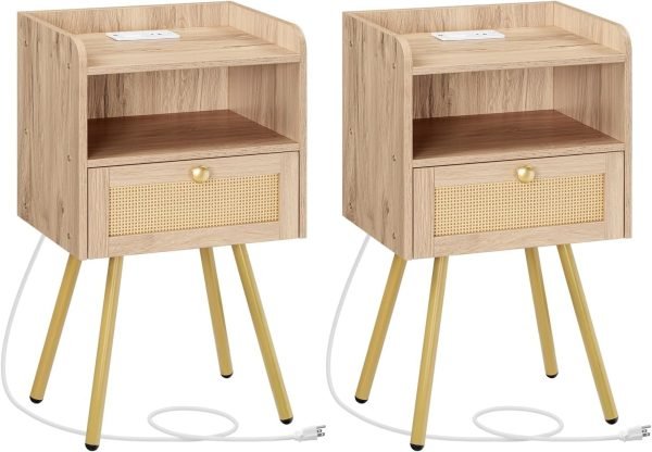 Nightstand with Charging Station, Side Table with Rattan-Like Decor Drawer, Rattan End Table with Open Storage, Bedside Table for Bedroom, Study Room, Black BB92UBZ01