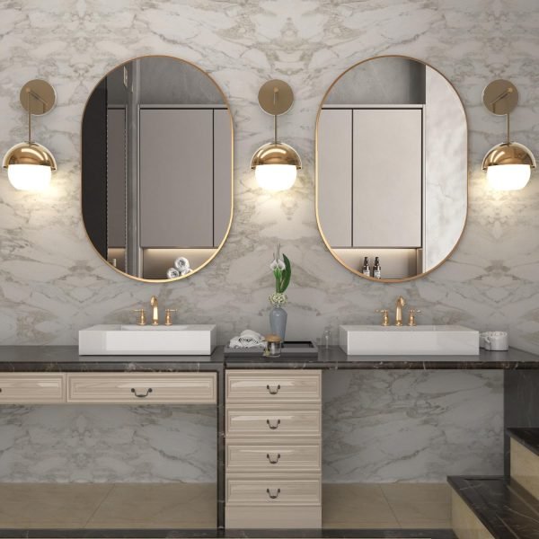 Oval Bathroom Mirror Capsule Wall Vanity Mirror, 20"x30" Pill Mirrors Wall Mounted Mirror, Large Modern Mirror with Gold Metal Frame, Decor for Entryway, Bedroom, Living Room