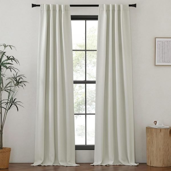 Faux Linen Curtains 90 inches Long for Doorway, Pinch Pleated Thick Room Darkening Window Treatments Noise Reducing Privacy for Living Room/Bedroom, Natural, W34 x L90, 2 Panels