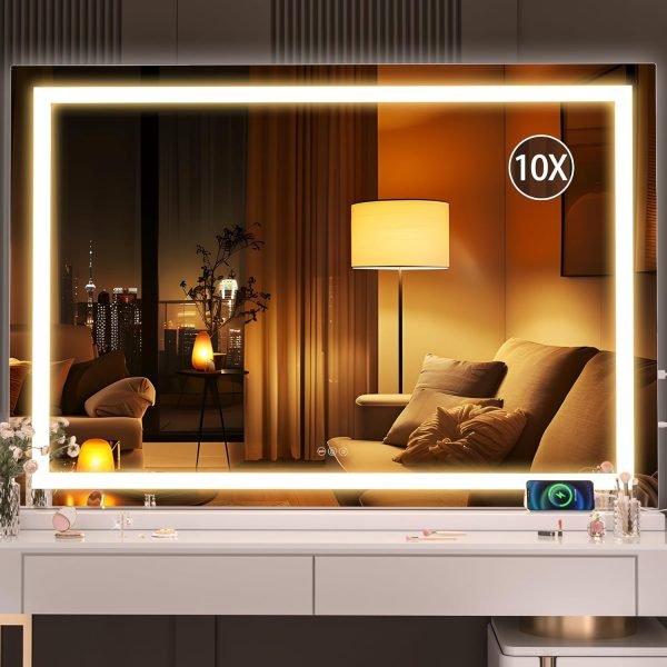 71Tp7tDd44L._AC_SL1500 Vanity Mirror with Lights, 10"×12" LED Makeup Mirror, Lighted Makeup Mirror with Lights, Smart Touch Control Dimmable 3 Modes Light 360°Rotation White