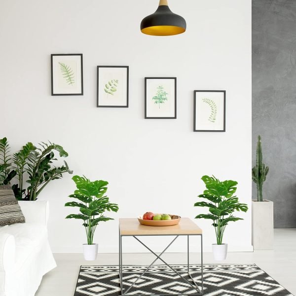 Set of 2 Artificial Monstera Deliciosa Plants in Pots, Fake Tropical Palm Tree with Greenery Leaves Stems, 28 Inch Artificial Cheese Plant for Home Bathroom, Office, Windowsill Decor
