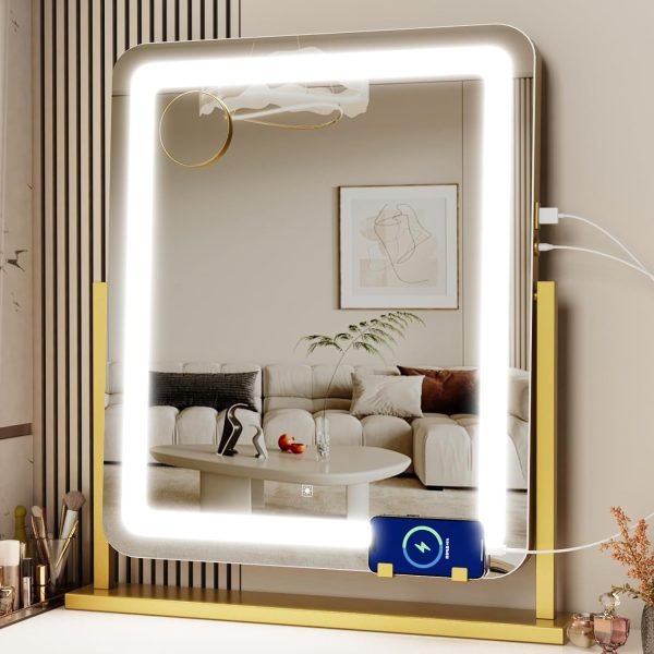 Makeup Vanity Mirror with Lights 15.2" Large LED Lighted Mirror, Hollywood Make Up Mirror with Lighting for Bedroom Tabletop, Smart Touch, Detachable 10X Magnification 360° Rotation, (White)