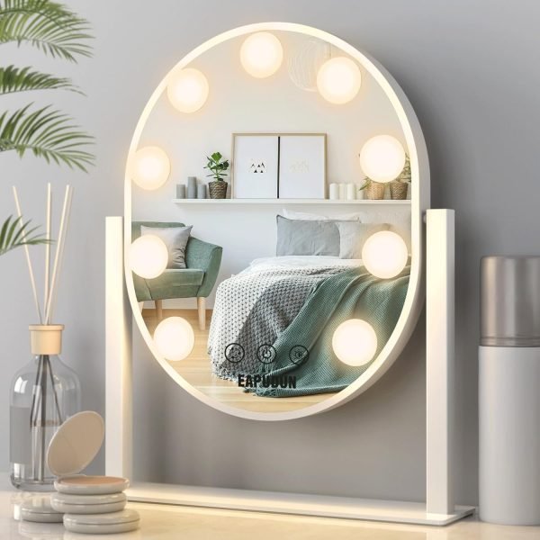 71XAseHUHYL._AC_SL1500 Oval Vanity Mirror with Lights 3 Colors Modes Hollywood Lighted Makeup Mirror with Smart Touch Control Brightness Adjustable & 360°Rotation