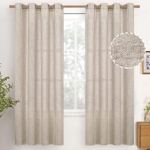 Natural Linen Curtains 63 Inch Length 2 Panels Bronze Grommet Linen Textured Short Window Drapes Light Filtering for Living Room Bedroom, 52 X 63 Inch
