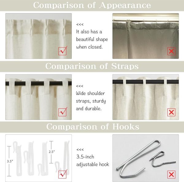 Pleated Linen Curtains 96 Inches Long for Living Room 2 Panel Set, Semi Sheer Pinch Pleat Back Tab Drapes with Hooks Neutral Boho Light Filtering Curtain for Bedroom Window 8 Ft W38xL96