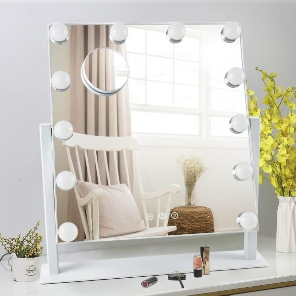 Makeup Vanity Mirror with Lights, 10X Magnification Hollywood Lighted Mirror with 9 Dimmer Led Bulbs, Plug in Light-up Beauty Mirror, Touch Screen Lighted Table Set Mirror, 360°Rotation(White)