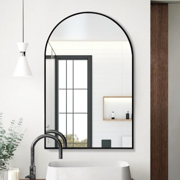 Arched Wall Mirror 20x30 Inch, Black Arch-top Bathroom Vanity Wall Mounted Mirror, Bedroom Modern Black Metal Framed Mirror
